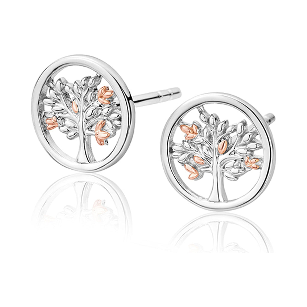 Sterling silver & rose gold Tree of Life stud earrings by Clogau. Delicate & elegant design.