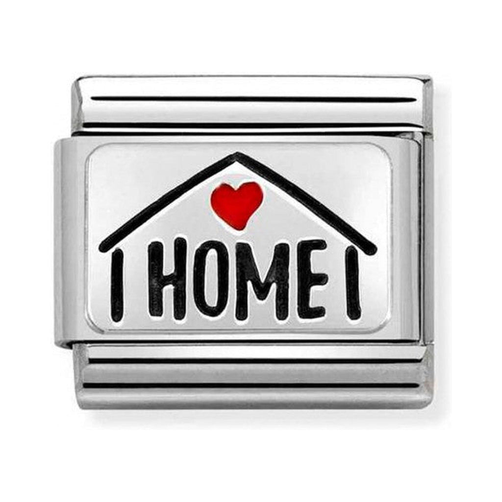Nomination charm representing home and family. "I HOME" message with heart on a silver plate for bracelets.