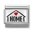 Nomination charm representing home and family. "I HOME" message with heart on a silver plate for bracelets.