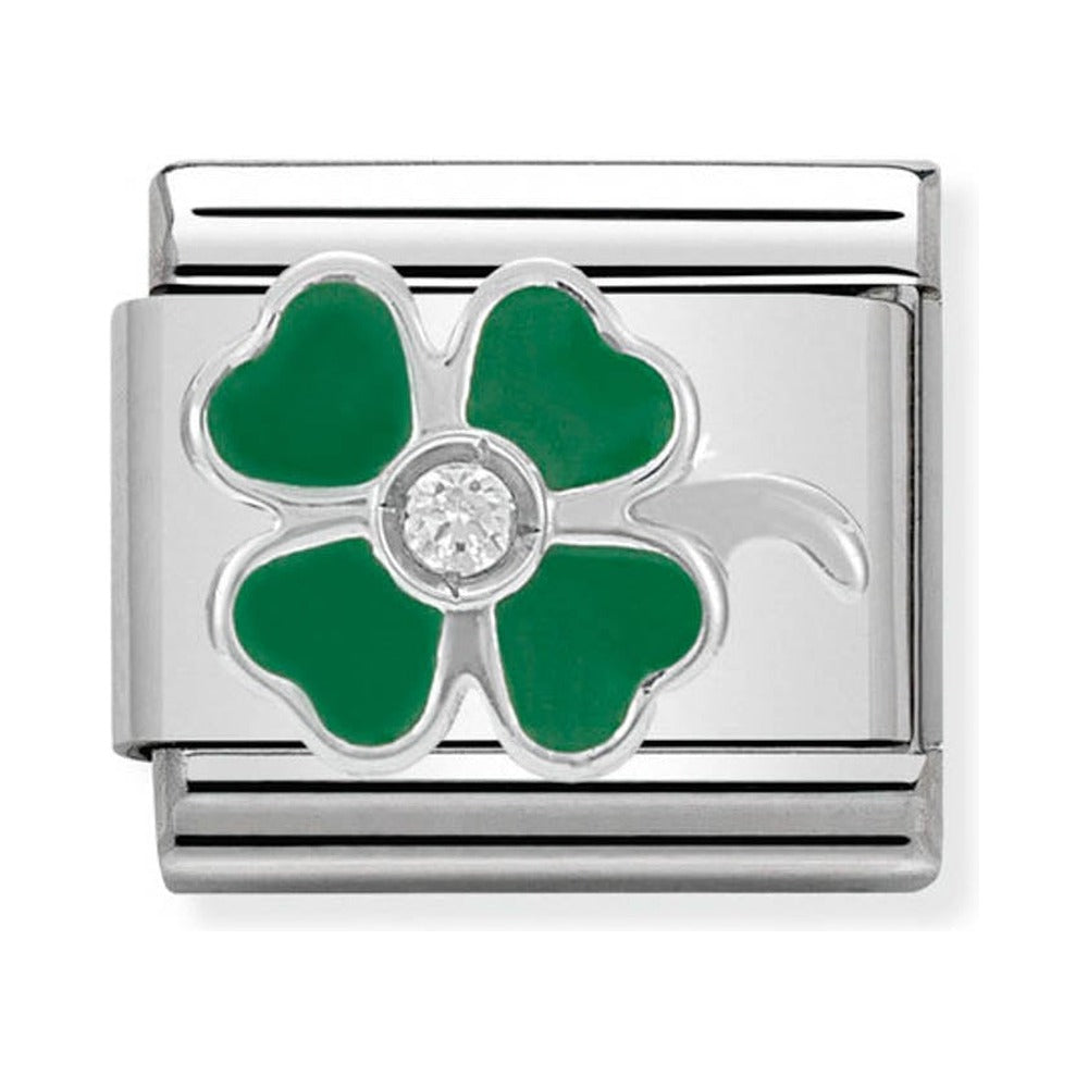Nomination Composable Silver Green Four Leaf Clover & CZ Charm *