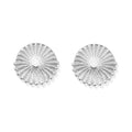ChloBo Sunburst Stud Earrings close-up. Silver earrings showing detail of the intricate, radiating sunburst design.