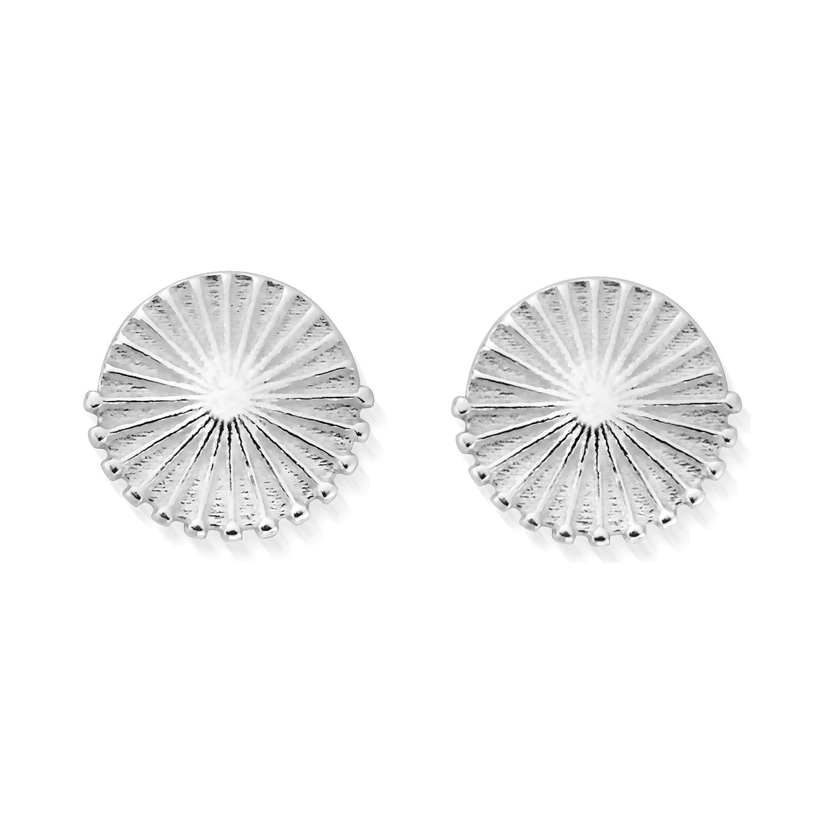 ChloBo Sunburst Stud Earrings close-up. Silver earrings showing detail of the intricate, radiating sunburst design.