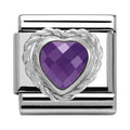 Nomination charm featuring a heart-shaped purple CZ stone. Composable charm for personalized bracelets. Stainless steel.