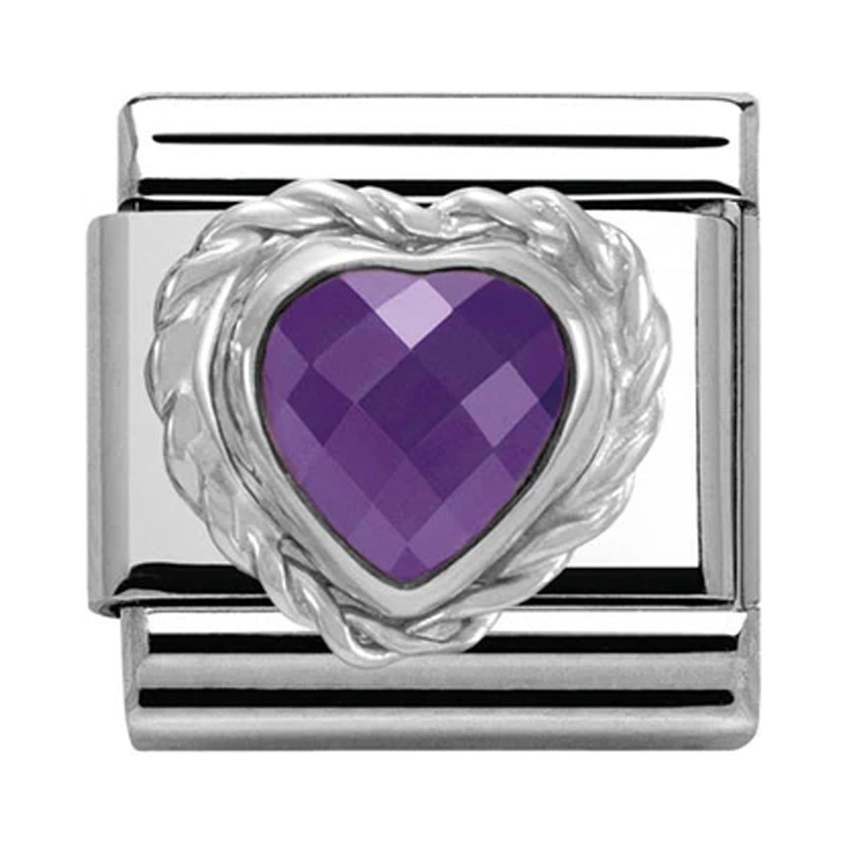 Nomination charm featuring a heart-shaped purple CZ stone. Composable charm for personalized bracelets. Stainless steel.