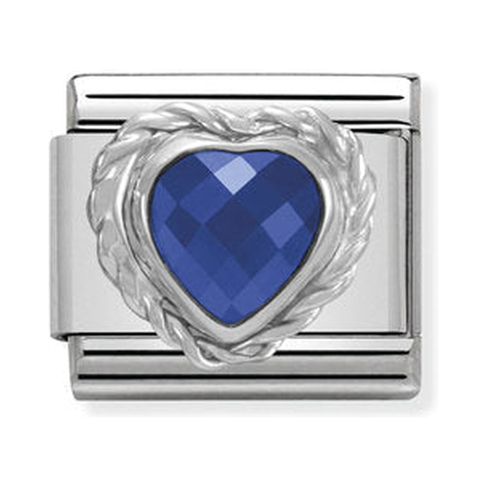 Composable charm link featuring a blue, heart-shaped CZ stone set in a 925 silver frame, Nomination style.