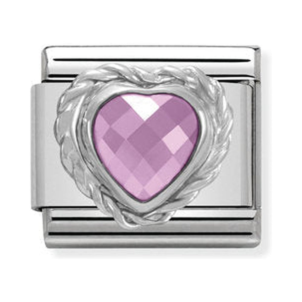 Nomination charm featuring a pink heart-shaped CZ stone, set in a 925 silver composable link.