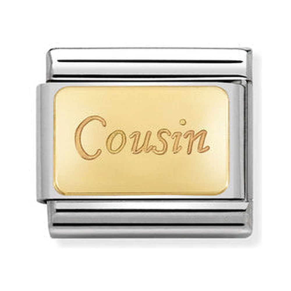 Composable charm featuring "Cousin" in scripted font; part of the Nomination charm bracelet collection.