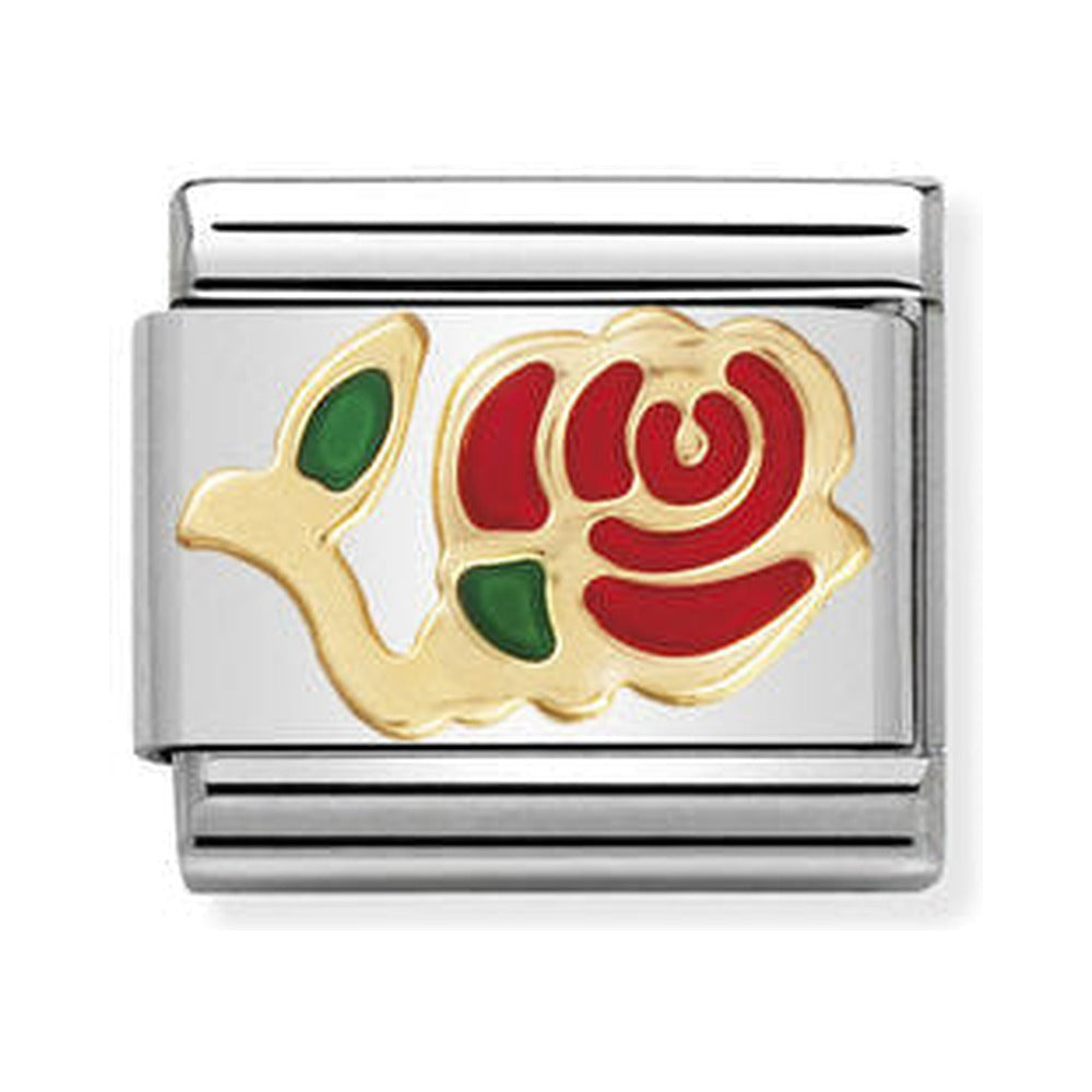 Composable bracelet charm featuring a red rose design in 18k gold; Nomination Classic link style.