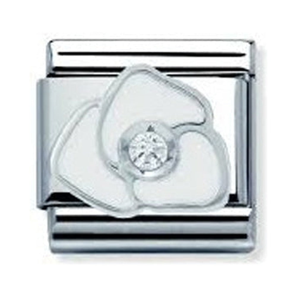 Nomination charm showcasing a white rose with a sparkling center stone. Elegant composable link for personalized bracelets.
