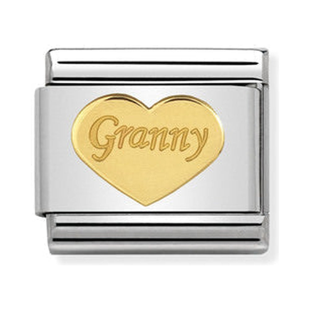 Composable Nomination charm featuring a gold heart with "Granny" inscription; a loving gift idea.