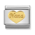 Composable Nomination charm featuring a golden heart with "Nana" inscription in 18k gold.