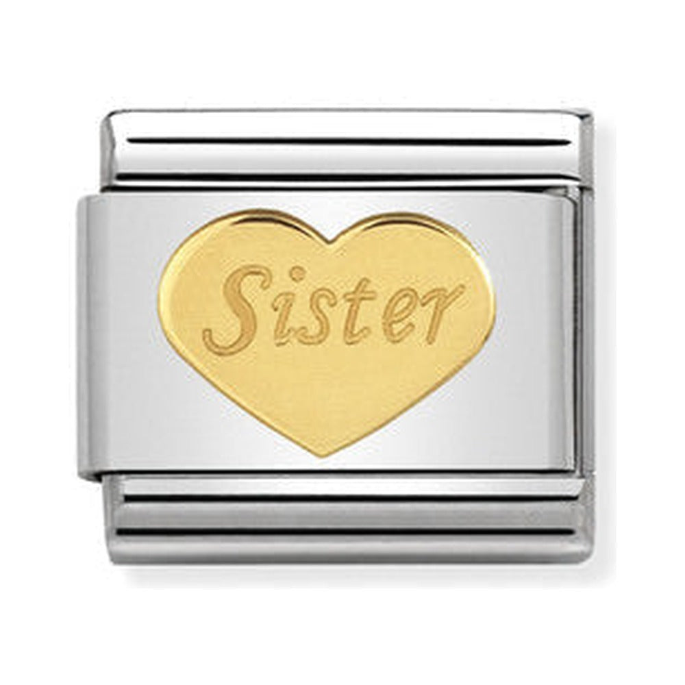Nomination charm link symbolizing sisterhood. Stainless steel with "Sister" engraved in an 18k gold heart.