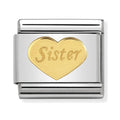 Nomination charm link symbolizing sisterhood. Stainless steel with "Sister" engraved in an 18k gold heart.