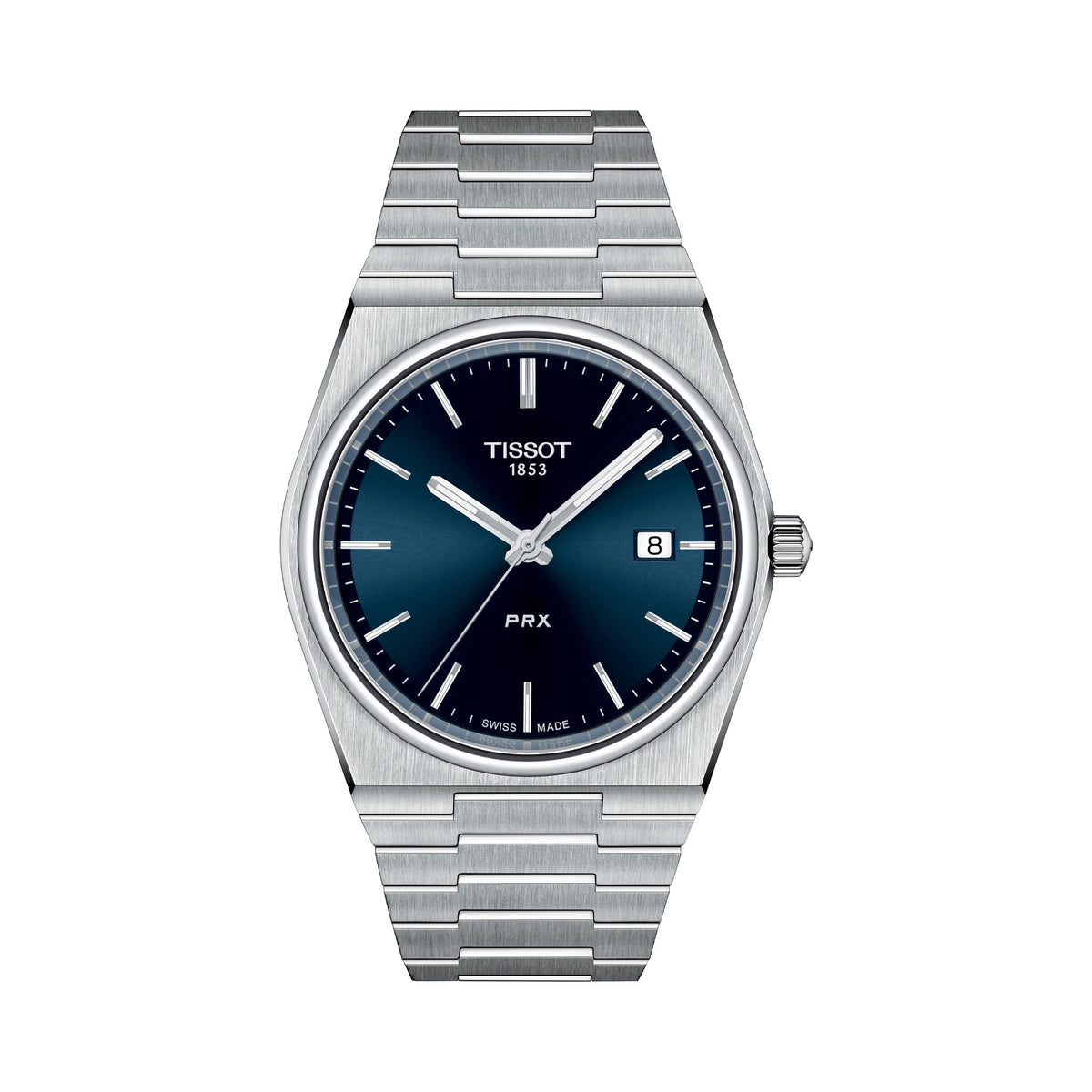 Close-up of Tissot PRX watch with blue dial & stainless steel bracelet. Tissot 1853 & PRX logos visible. Showcases watch