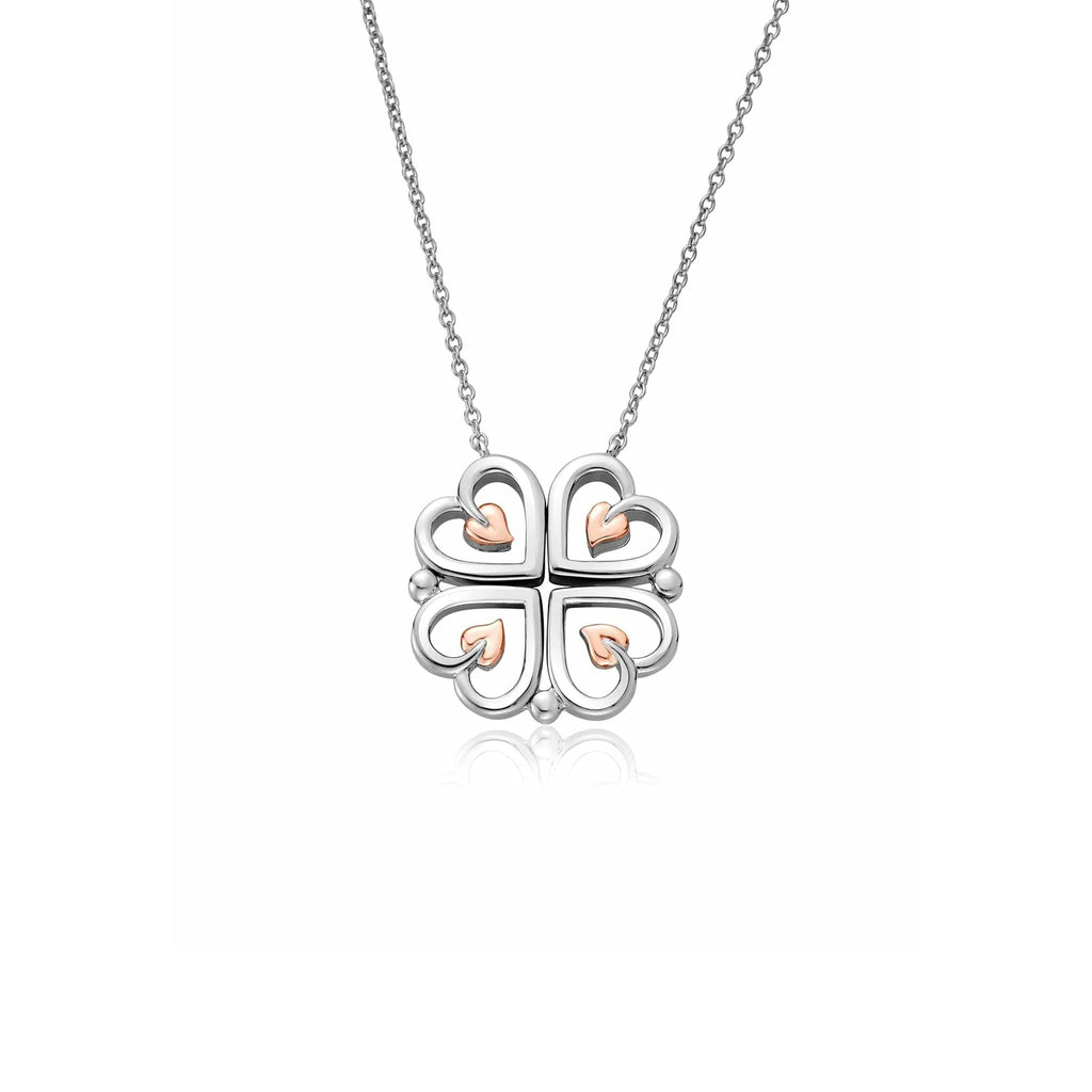 Clogau Tree of Life heart pendant showcasing the sterling silver and rose gold heart detailing on a delicate chain.