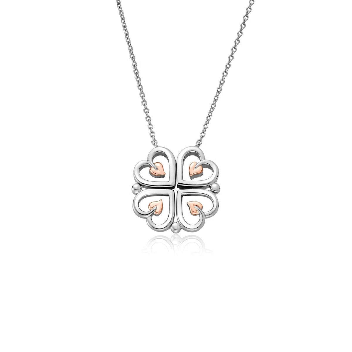 Clogau Tree of Life heart pendant showcasing the sterling silver and rose gold heart detailing on a delicate chain.