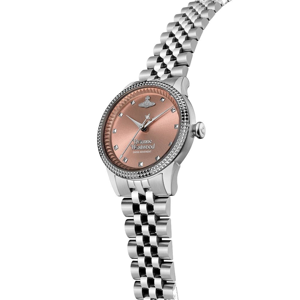 Silver women's watch with a pink face and metal band.