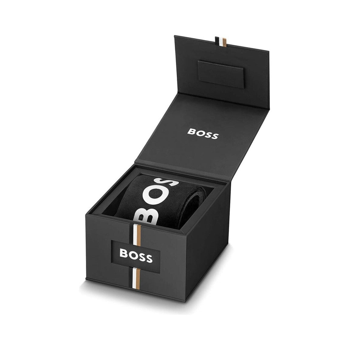 Open black BOSS box with rolled BOSS-branded socks inside.
