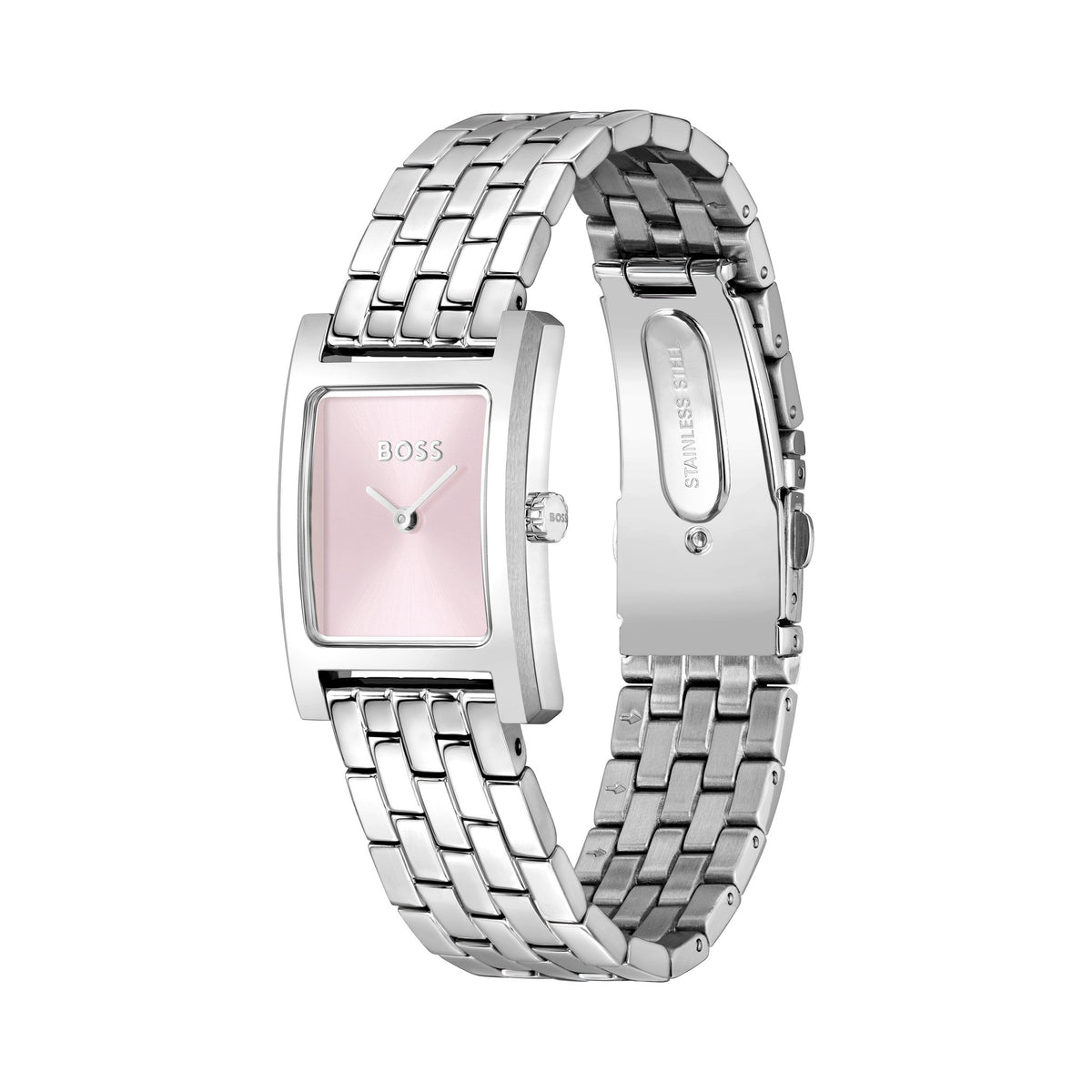 Close-up of BOSS Ladies Lucy watch showcasing its pink dial and stainless steel bracelet.