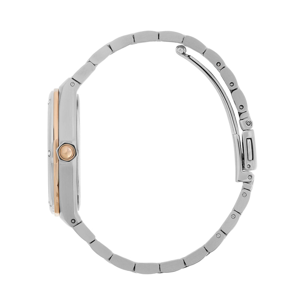 Side view of the Olivia Burton Sports Luxe watch showcasing its two-tone design and bracelet style.