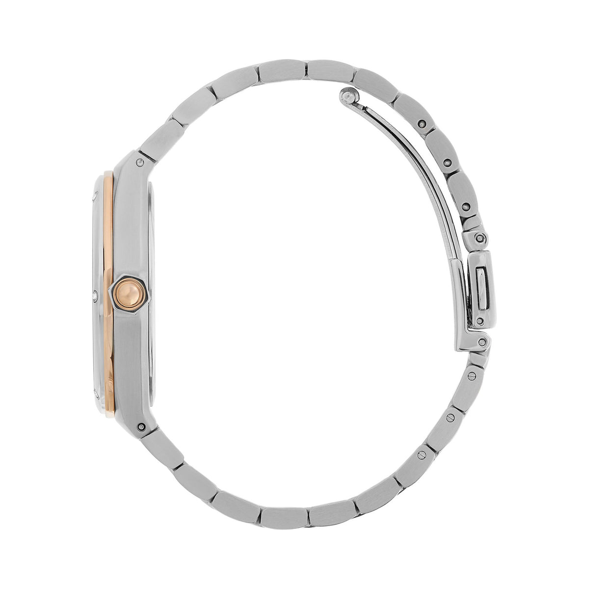 Side view of the Olivia Burton Sports Luxe watch showcasing its two-tone design and bracelet style.