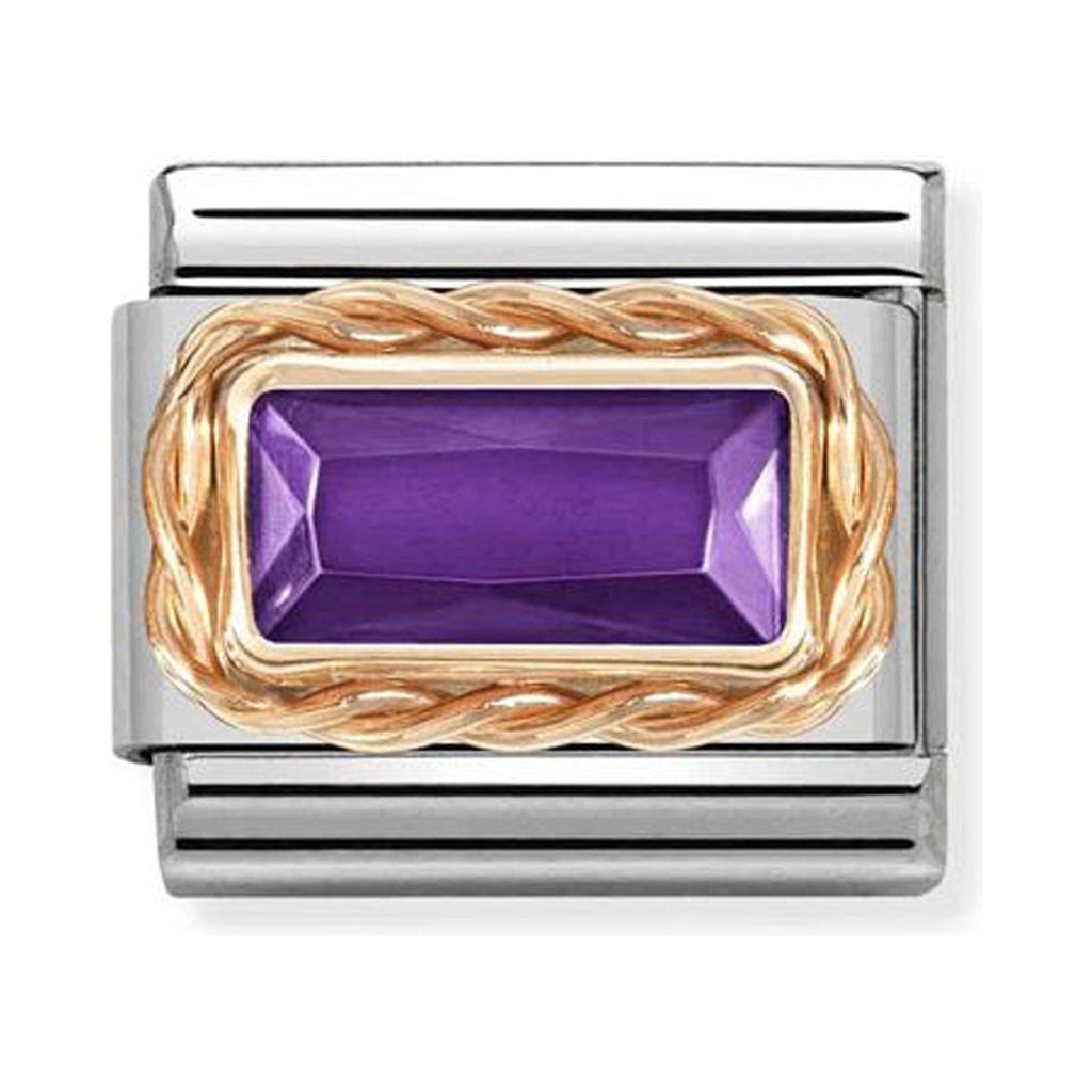 Nomination Composable bracelet link with a purple baguette stone and 9K rose gold detail.