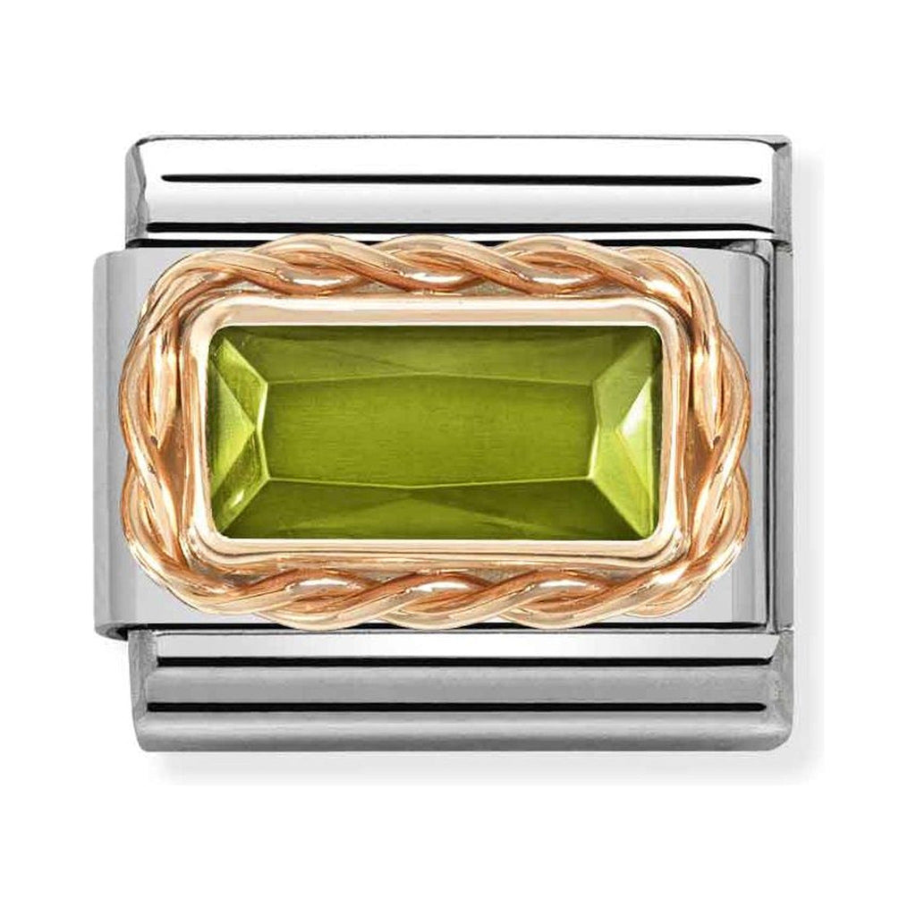 Nomination Composable link with a faceted green Peridot gemstone set in 9K rose gold. A stylish bracelet charm.