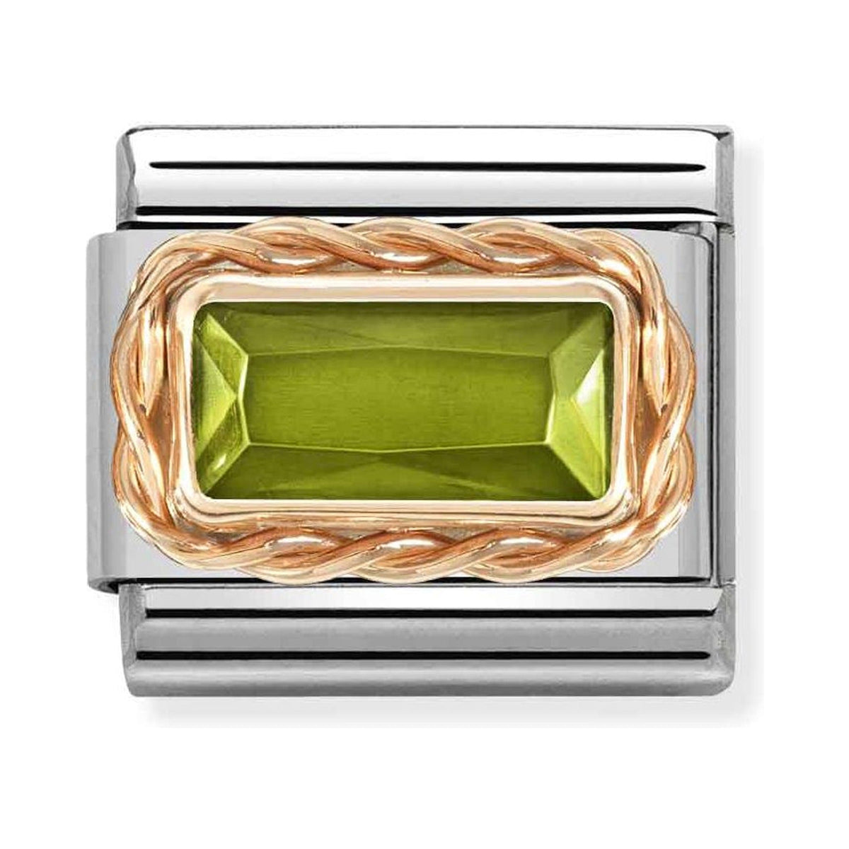 Nomination Composable link with a faceted green Peridot gemstone set in 9K rose gold. A stylish bracelet charm.