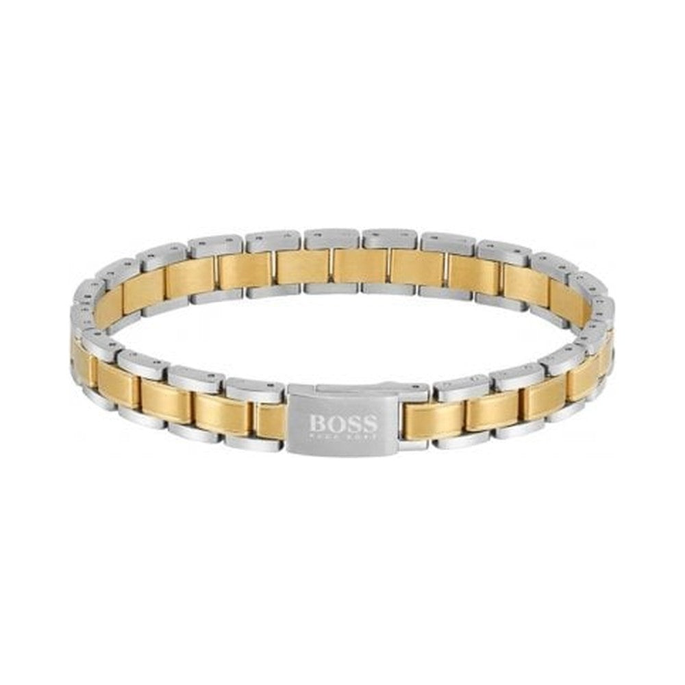 BOSS bracelet showcasing a two-tone design, blending gold and silver metal links for a stylish essential accessory.