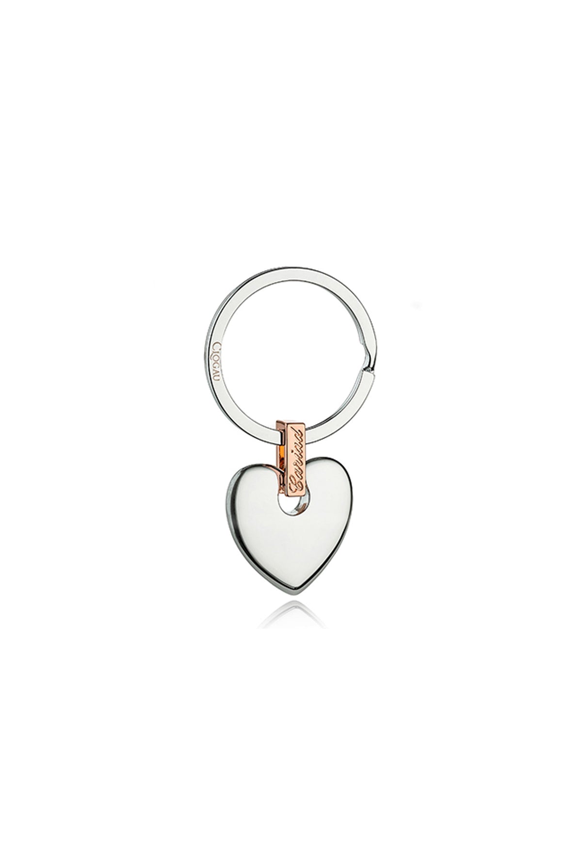 Clogau Cariad Heart Key Ring, a delicate design featuring a heart symbol crafted from silver and rose gold.