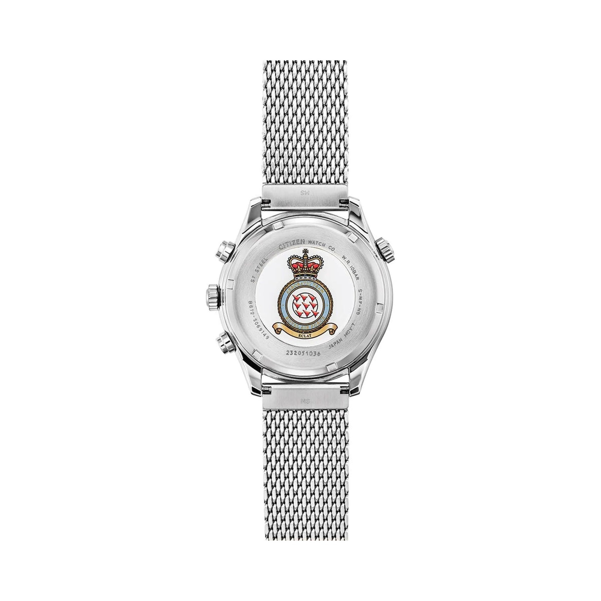 Citizen watch case back detail showing logo, model number 232051036, and 'ST STEEL' engraving, highlighting craftsmanship.
