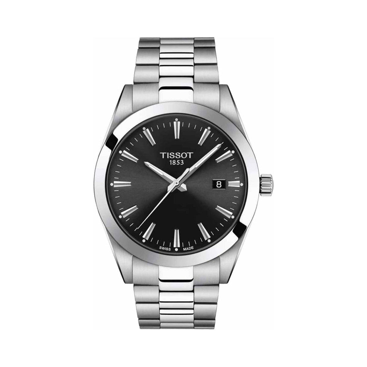 Tissot Gentleman watch showcasing the sleek black dial and stainless steel bracelet, displaying timeless Swiss craftsmanship.
