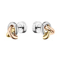 Pair of gold, silver, and rose gold interlocking loop stud earrings.