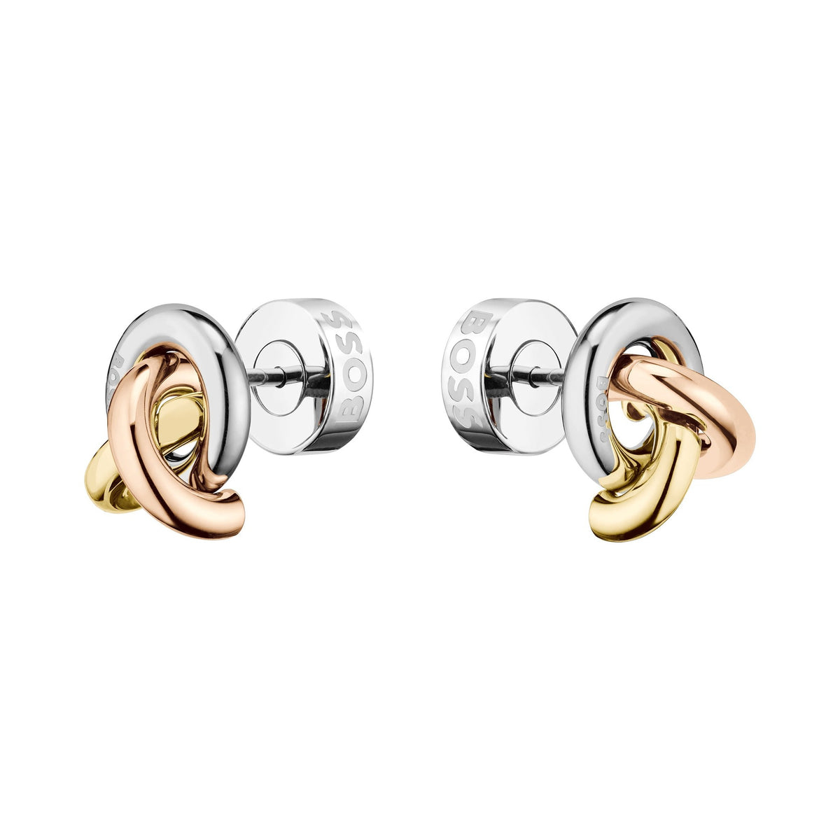 Pair of gold, silver, and rose gold interlocking loop stud earrings.