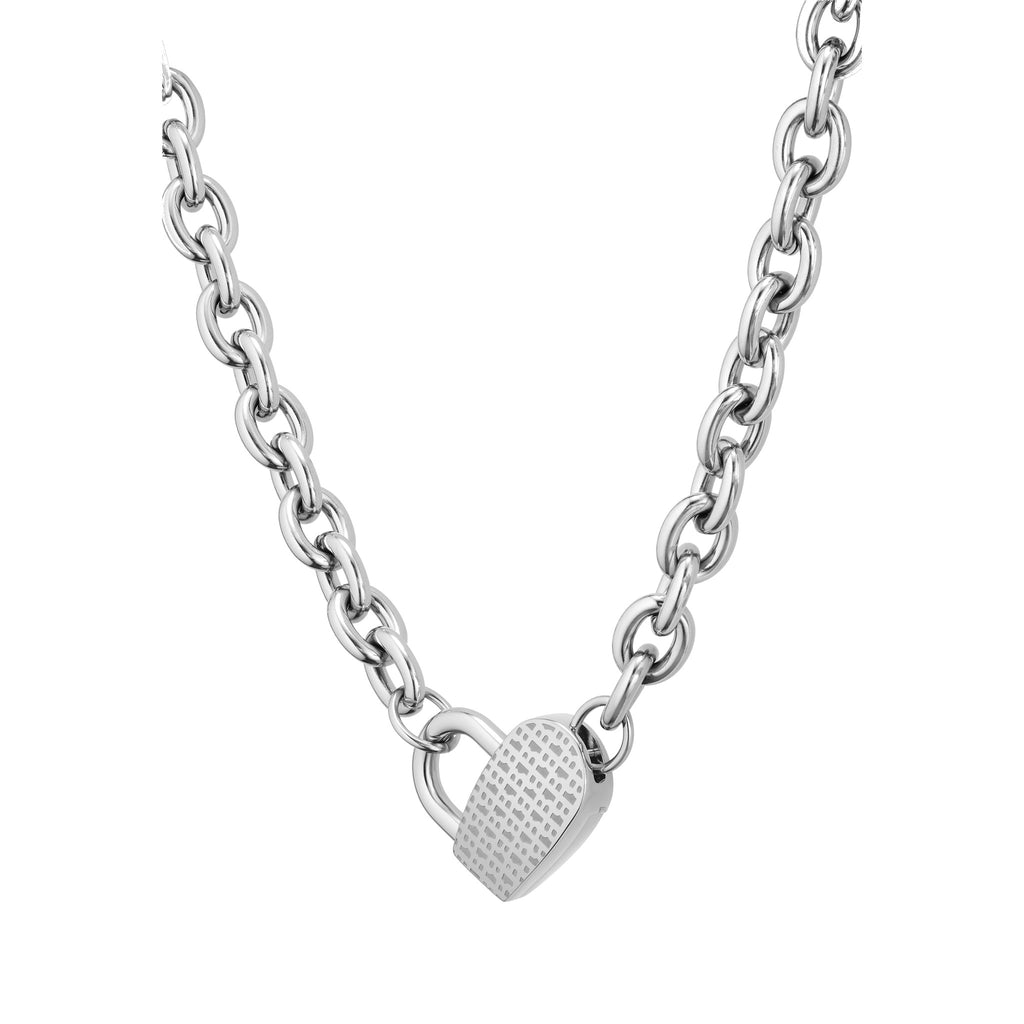 Stainless steel BOSS heart necklace for women, Dinya model, showing the chain and heart-shaped clasp.
