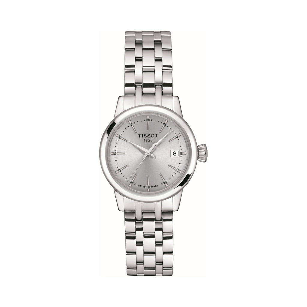 Close-up of the Tissot Classic Dream stainless steel watch featuring a clear view of the watch face & date display.