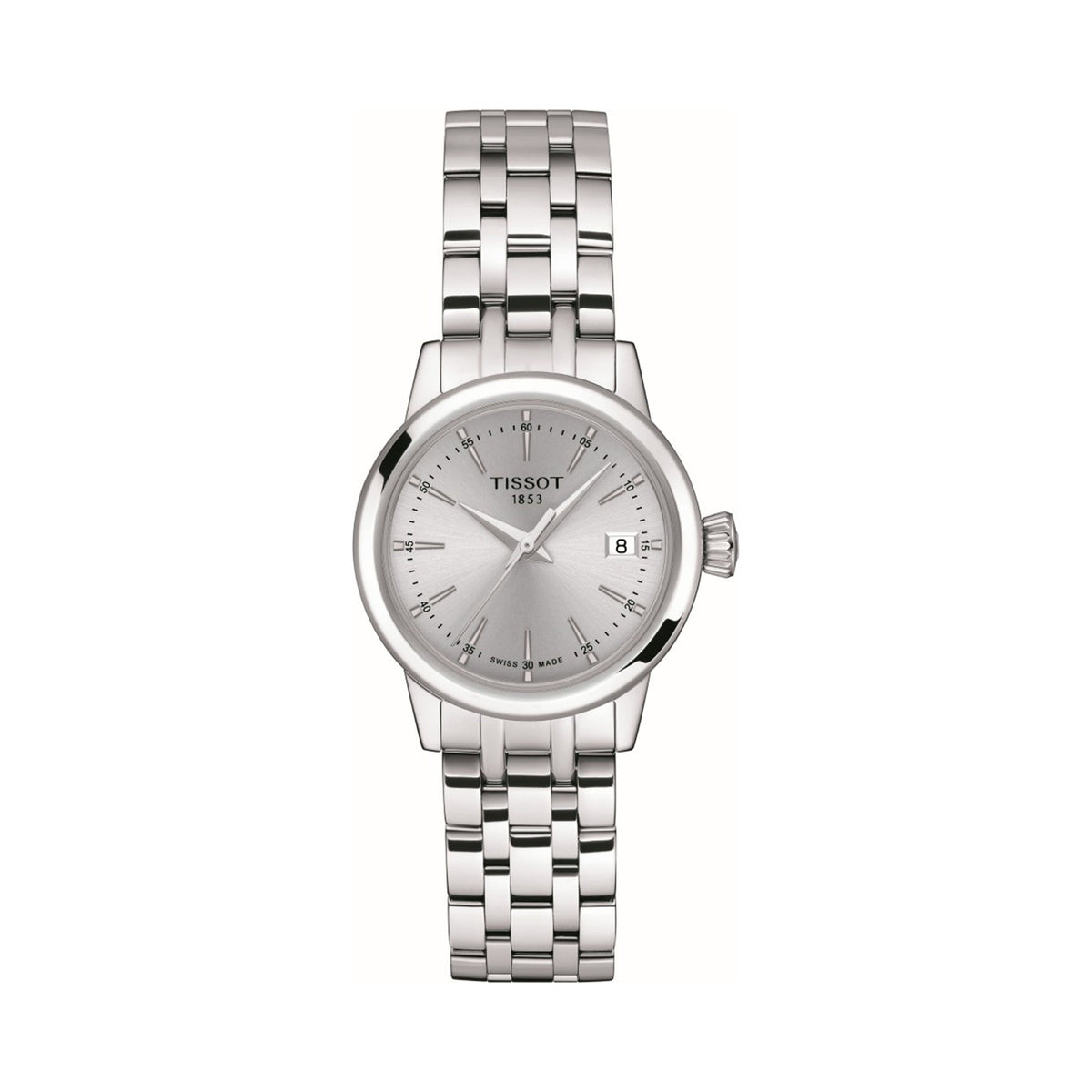 Close-up of the Tissot Classic Dream stainless steel watch featuring a clear view of the watch face & date display.