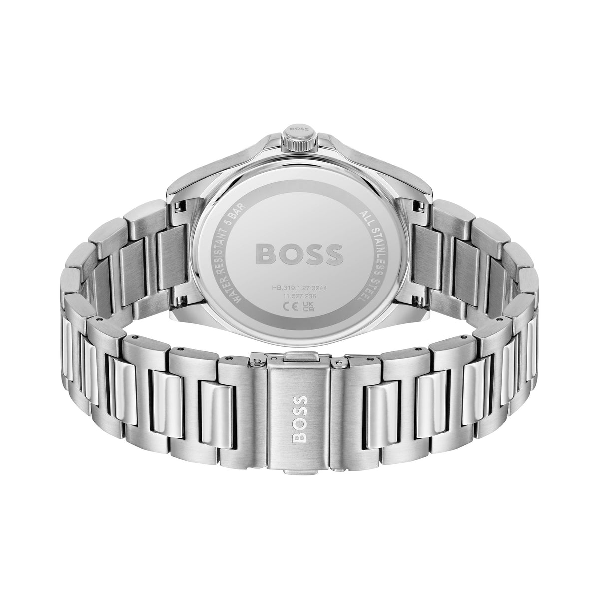 Close-up of the BOSS Strike watch back showing the stainless steel band and water resistance detail. "BOSS" logo is visible.