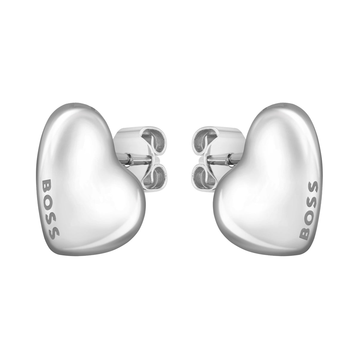 Close-up of BOSS Honey heart stud earrings in stainless steel for women, featuring the brand logo on each earring.