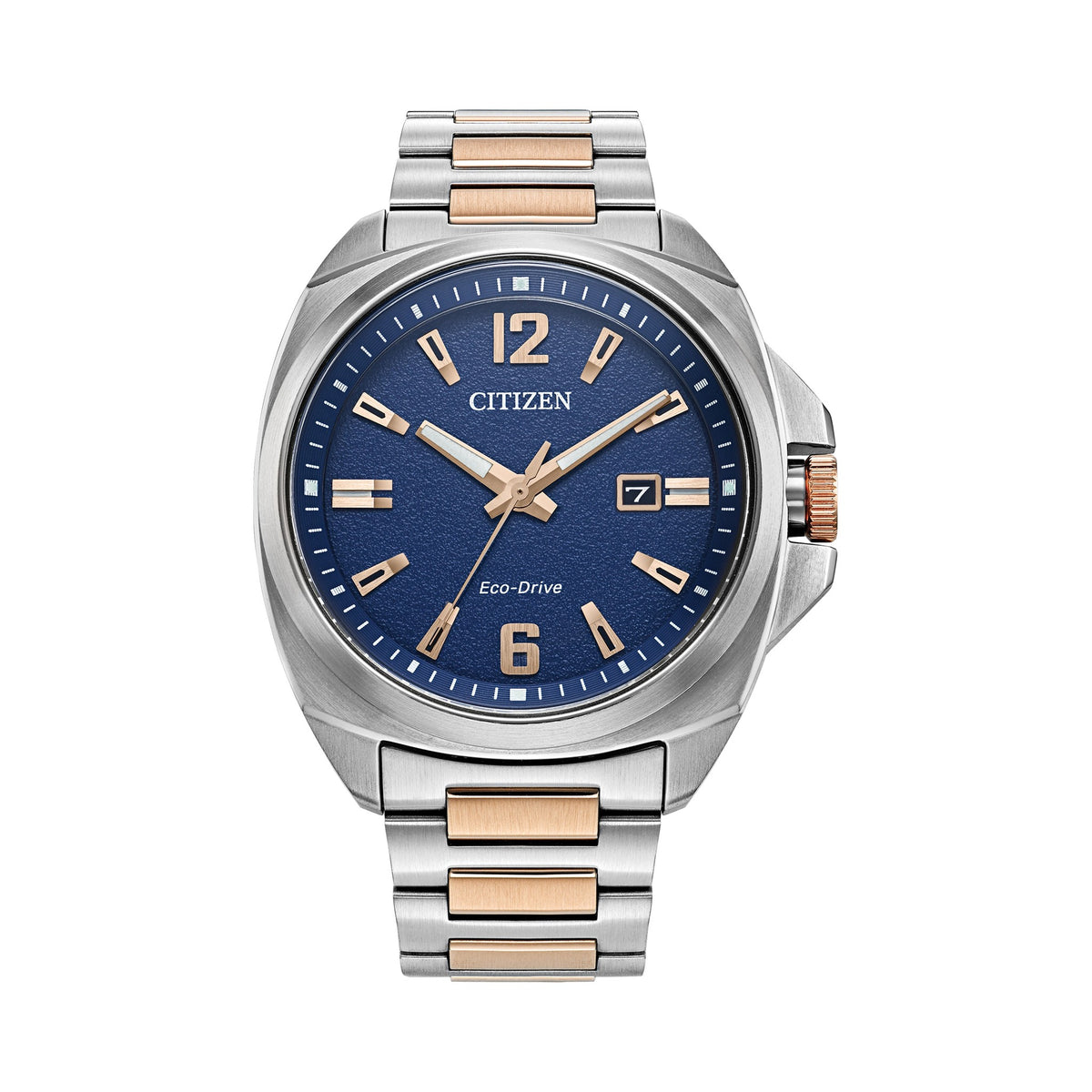 Citizen Eco-Drive watch showcasing blue dial, rose gold accents, and silver band. Close-up for detailed view.