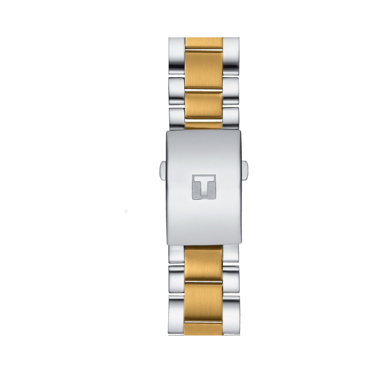 Tissot watch band closeup: Gold and silver stainless steel strap with Tissot logo clasp.