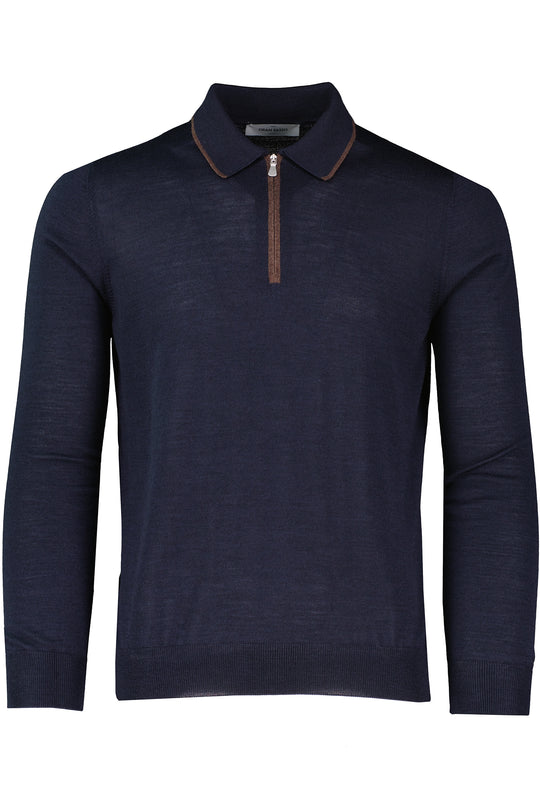 Men's Gran Sasso Navy Long Sleeve Zip Merino Wool Silk Mix Knitted Polo Shirt