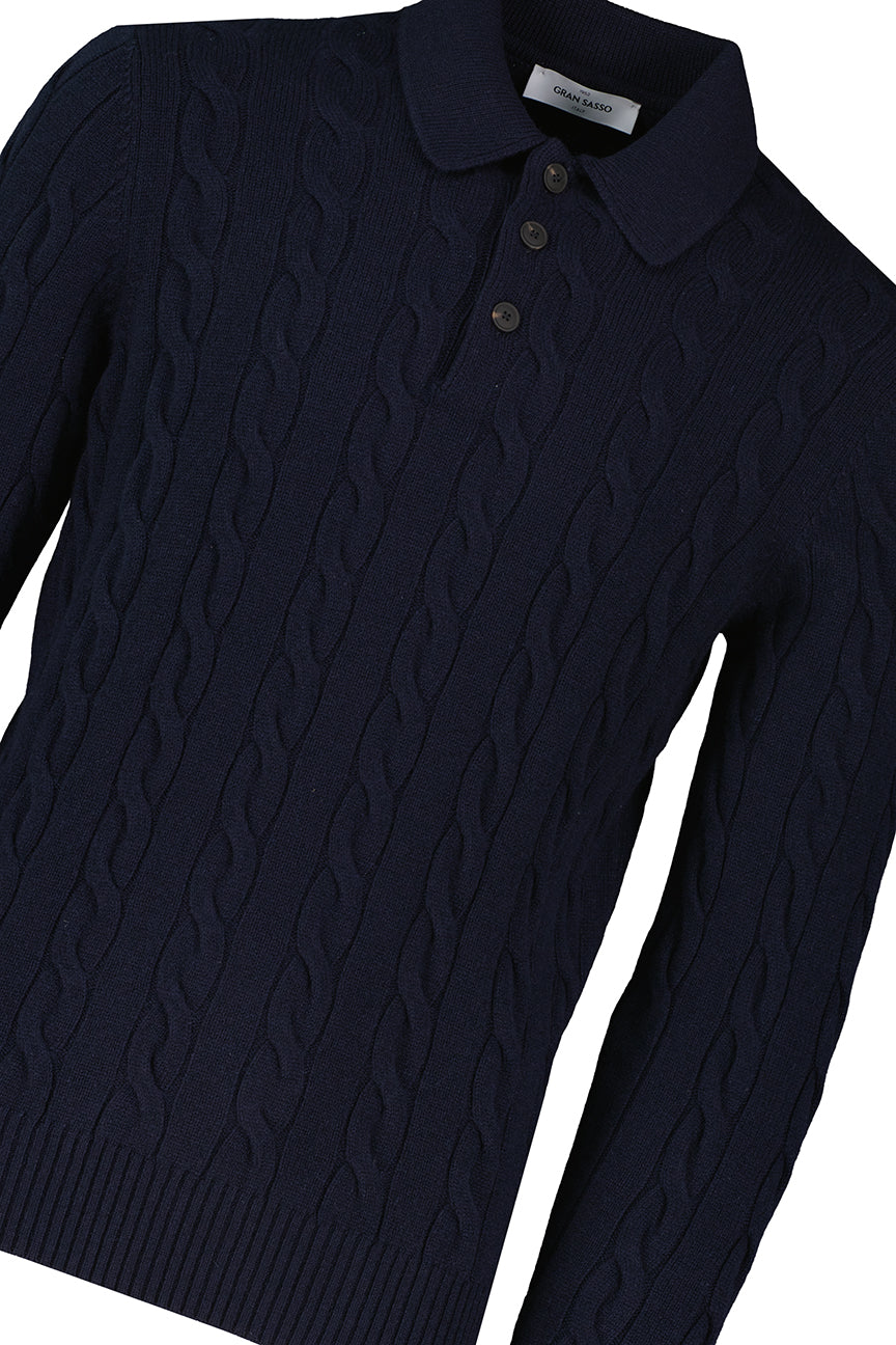 Men's Gran Sasso Navy Long Sleeve Cable Knit Polo Shirt