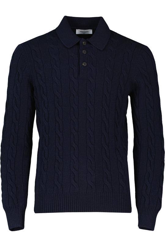 Men's Gran Sasso Navy Long Sleeve Cable Knit Polo Shirt