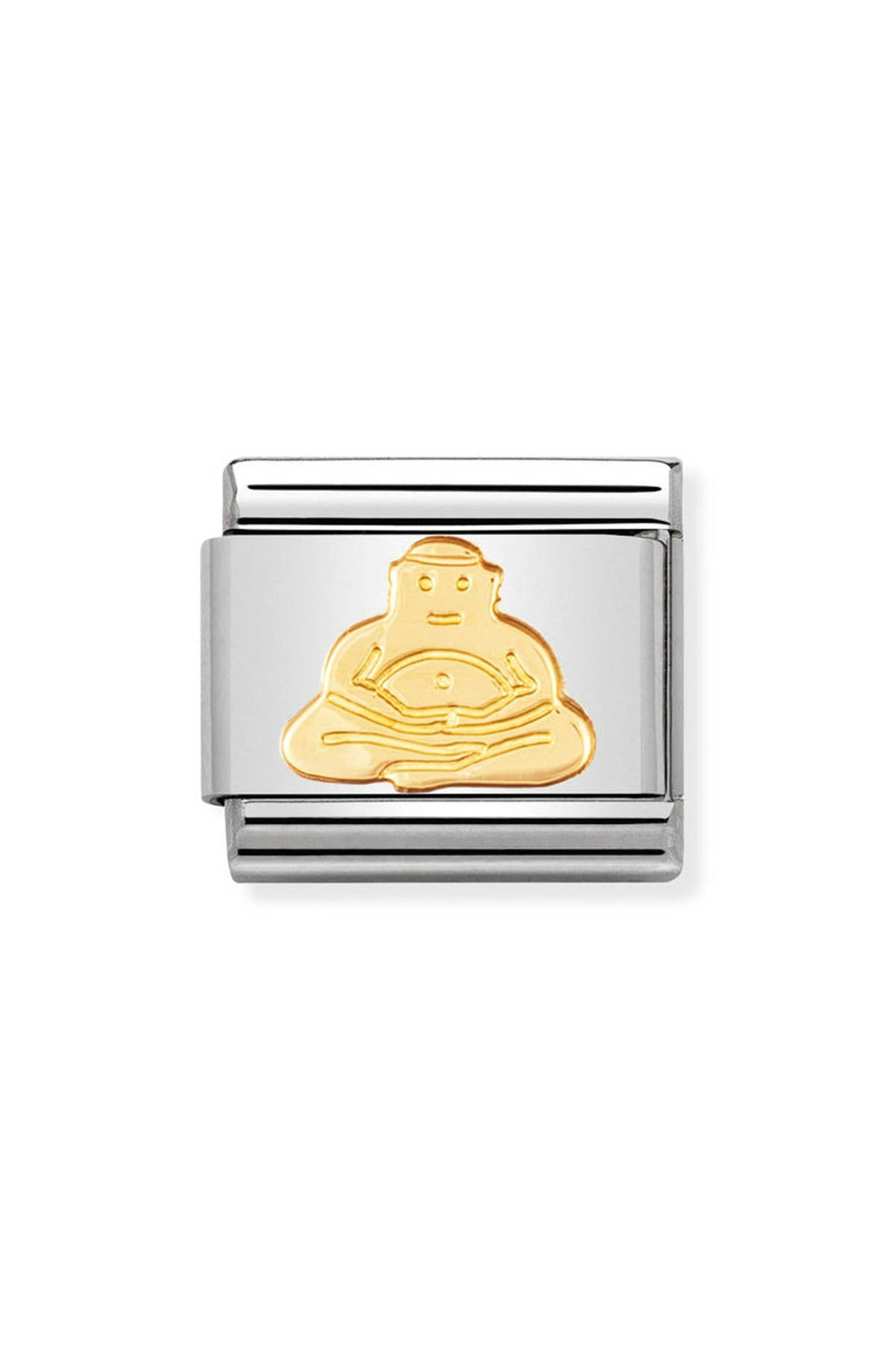 A charm bracelet link with a gold Buddha figure on a silver base.