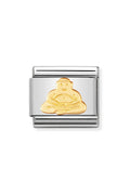 A charm bracelet link with a gold Buddha figure on a silver base.
