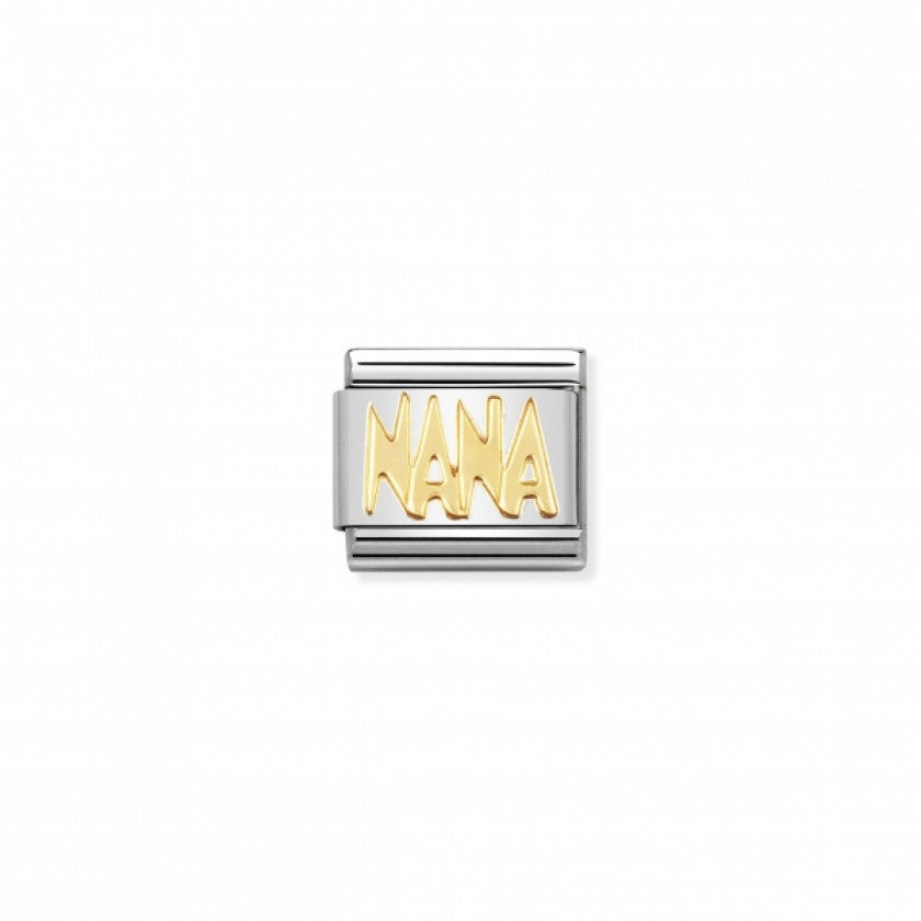 Composable Nomination bracelet link featuring "NANA" in 18k gold letters. A sentimental family gift.
