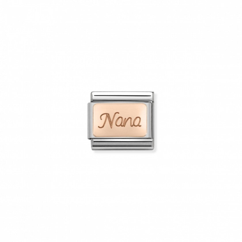 Composable Nomination charm link featuring the engraved word "Nana" in rose gold. Add to your personalized bracelet.