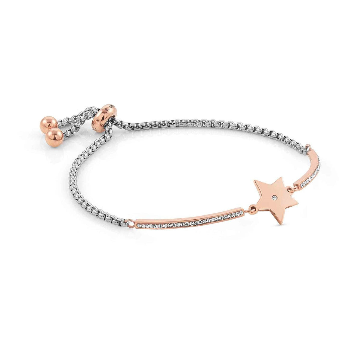 Nomination Milleluci bracelet showcasing a rose gold star charm. Stainless steel and rose gold PVD add a touch of elegance.