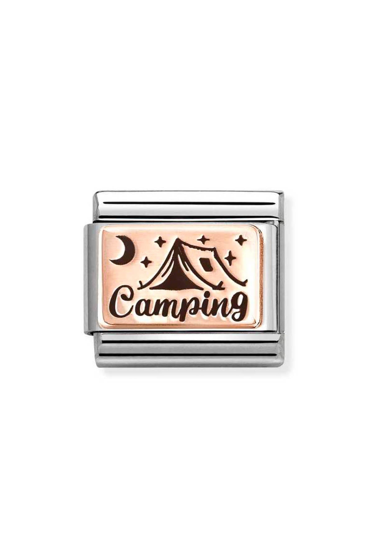 Close-up of a charm with a camping design.